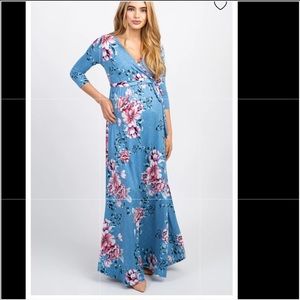 Blue Floral Sash Tie Maternity Dress